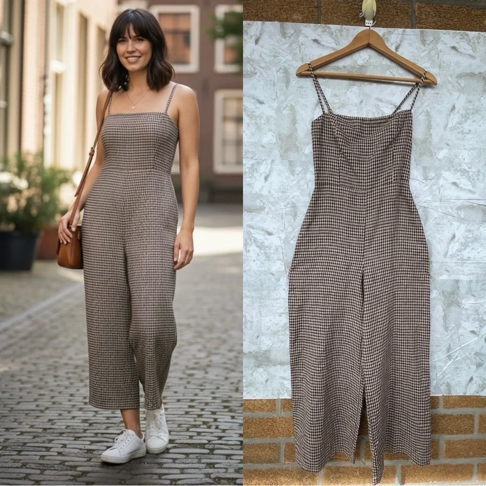 Reformation Overland Linen Jumpsuit In Tartine Check (Brown/Tan Checkered) sz2